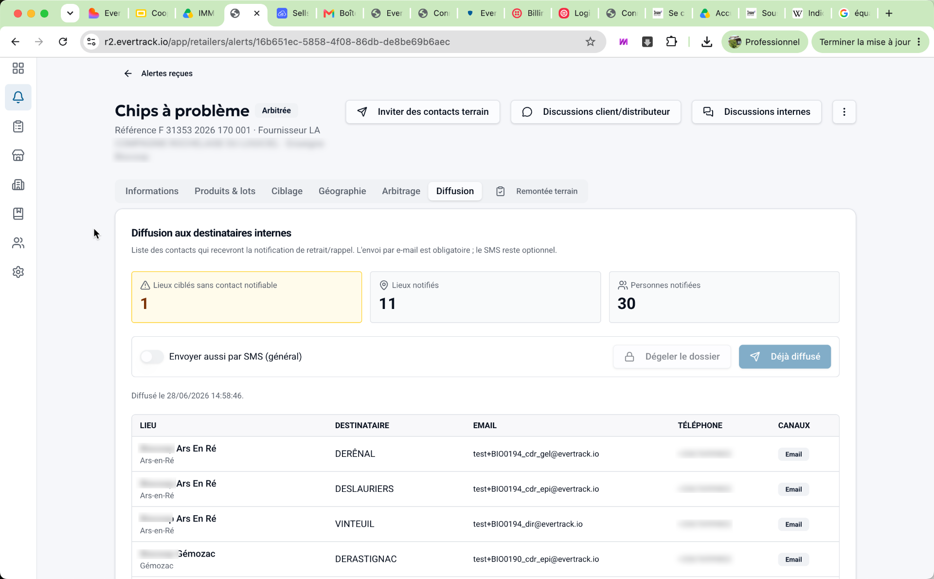 Diffusion aux destinataires internes : e-mail et SMS, par lieu