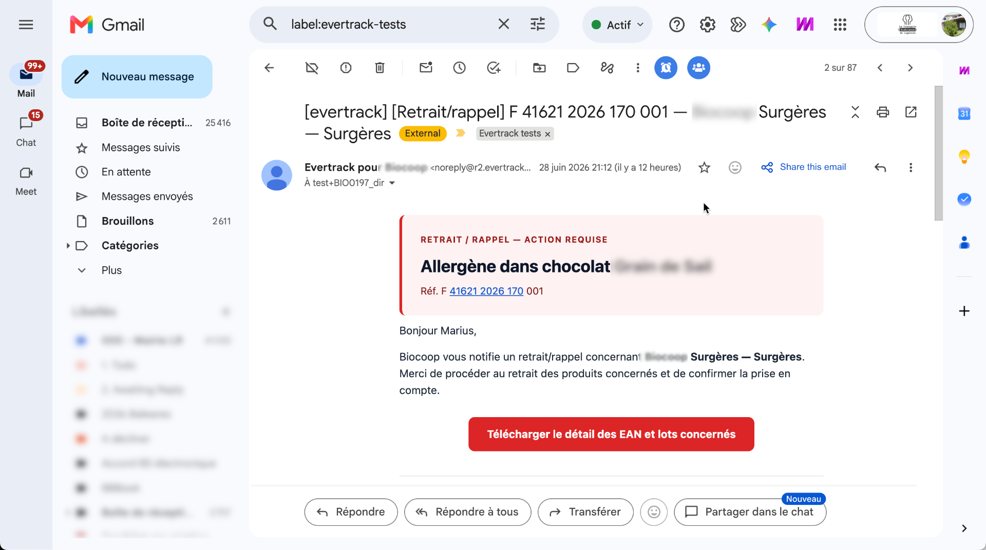 Notification e-mail : alerte retrait/rappel reçue côté distributeur
